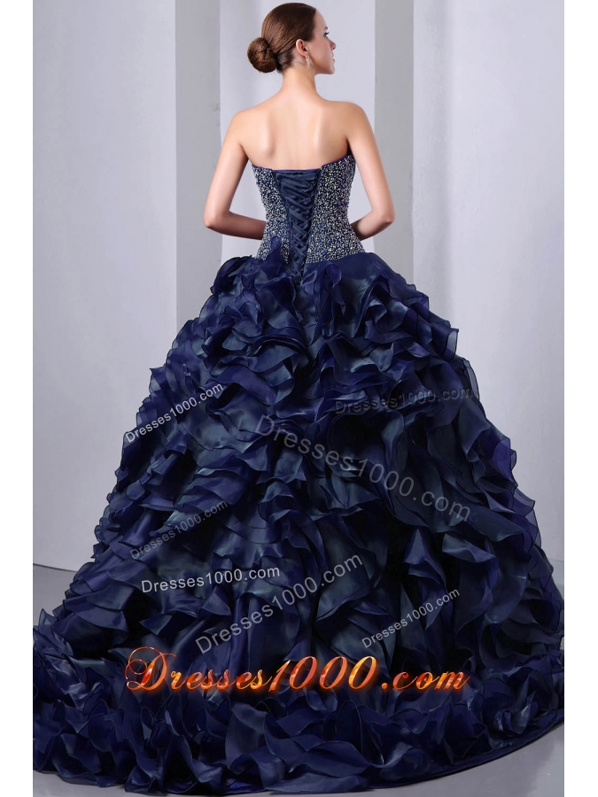 Luxurious Sweetheart Brush Train Beading Princess Quinceanea Dresses in Navy Blue