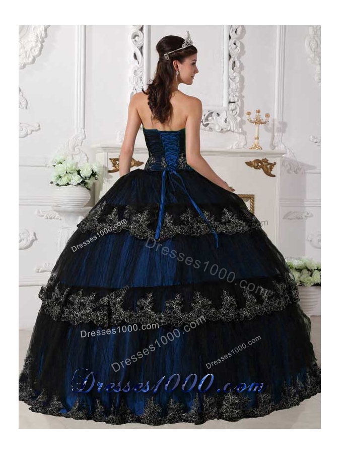 Navy Blue Puffy Appliques Navy Quinceanera Gowns with Strapless