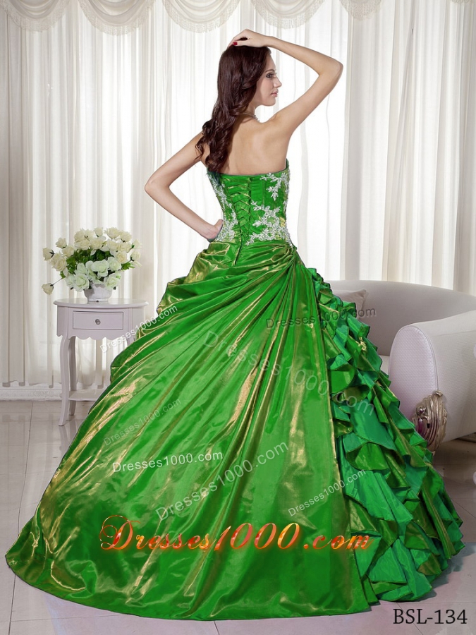 New Style Puffy Strapless for 2014 Appliques Quinceanera Dress with Ruffles