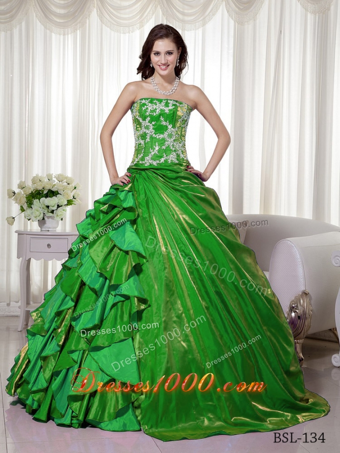 New Style Puffy Strapless for 2014 Appliques Quinceanera Dress with Ruffles