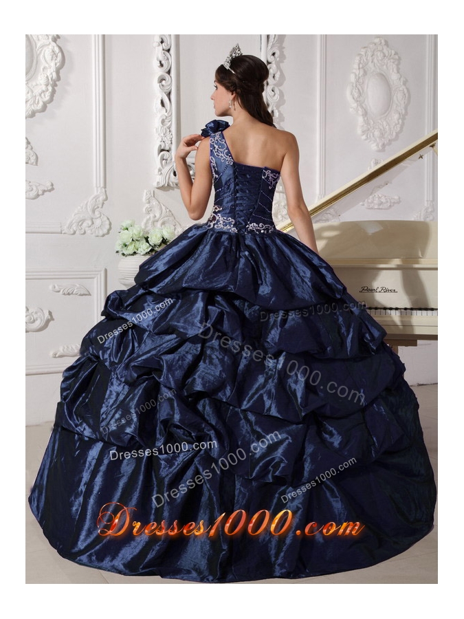 One Shoulder Appliques and Pick-ups Quinceanera Gown in Navy Blue