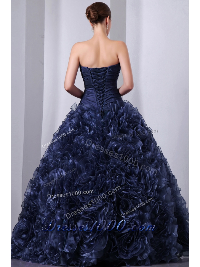 Pretty Navy Blue Princess Strapless Beading and Hand Made Flowers Quinceanea Dress
