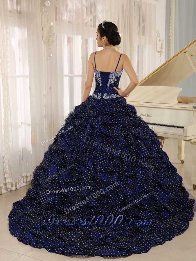 Special Fabric Spagetti Straps Appliques Decorate Quinceanera Gowns with Brush Train