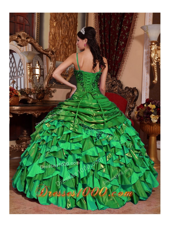 2014 Beautiful Green Puffy Straps Embroidery and Beading Quinceanera Dress