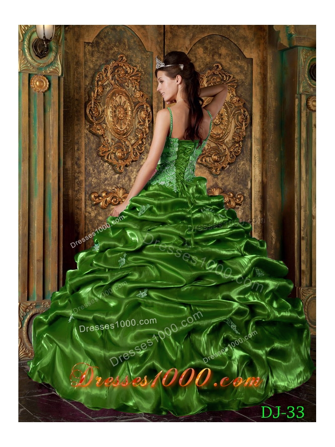 2014 Beautiful Puffy Strap with Appliques and Beading Decorate for Green Quinceanera Dress