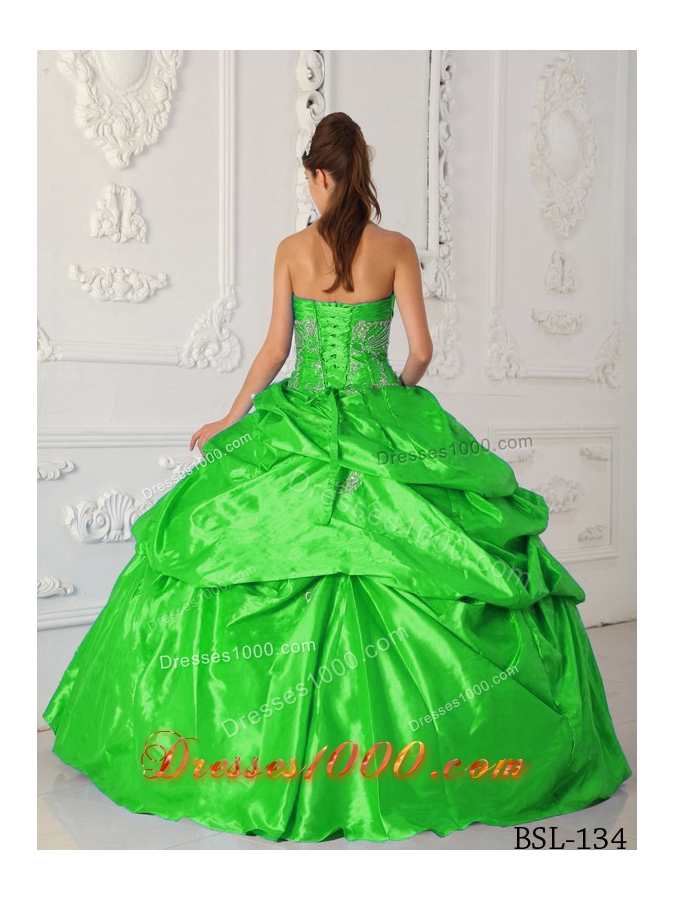 2014 Elegant Green Puffy Sweetheart Appliques Quinceanera Dress with Pick-ups