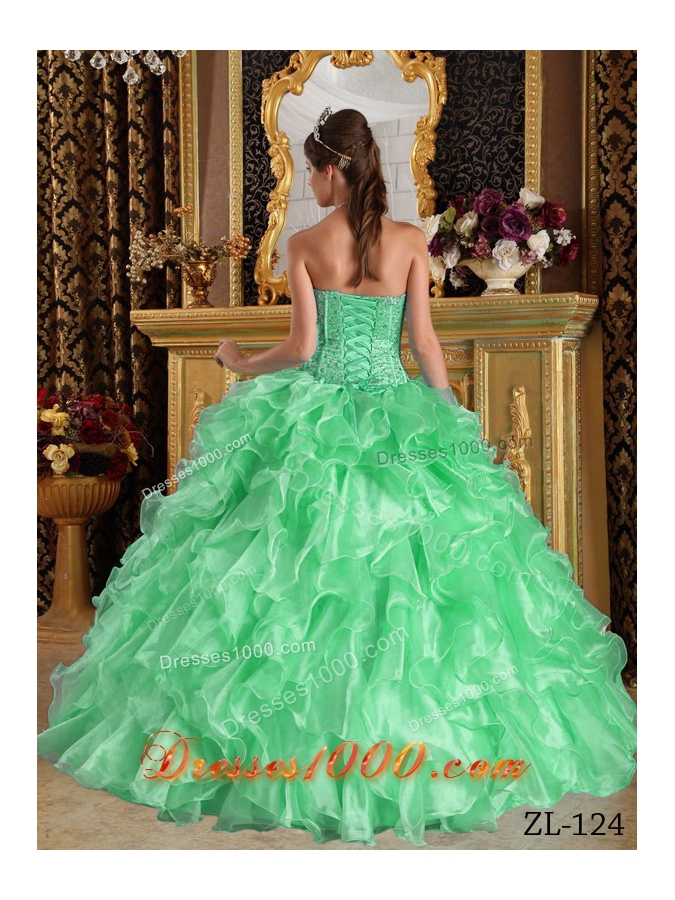 2014 Exclusive Green Puffy Sweetheart with Ruffles for Quinceanera Dress