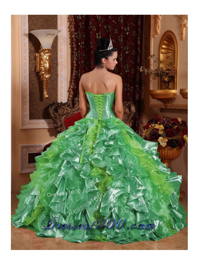 2014 Puffy Strapless Green Lace and Embroidery Quinceanera Dress with Ruffles