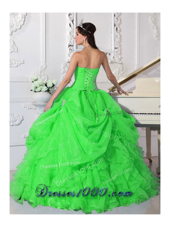 2014 Puffy Strapless with Ruffles and Beading for Green Quinceanera Dress