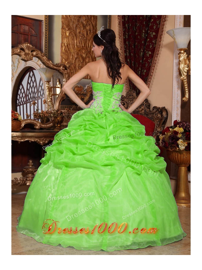 2014 Spring Green Puffy Strapless Appliques Quinceanera Dress with Pick-ups