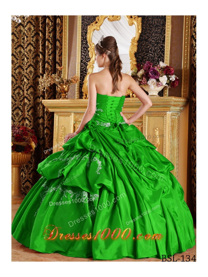 2014 Sweet Green Puffy Strapless Appliques Quinceanera Dress with Pick-ups