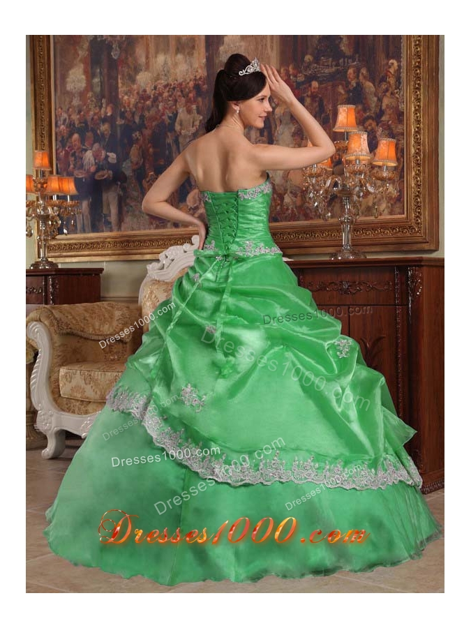 Beautiful Puffy Sweetheart Lace Appliques Decorate for 2014 Green Quinceanera Dress