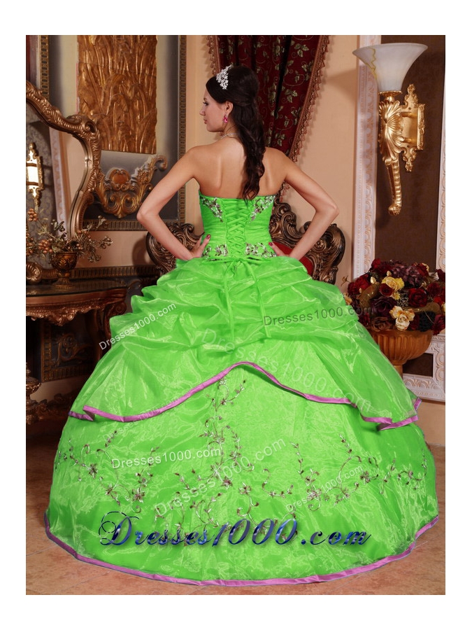 Brand New Puffy for 2014 Appliques for Green Quinceanera Dress with Pick-ups