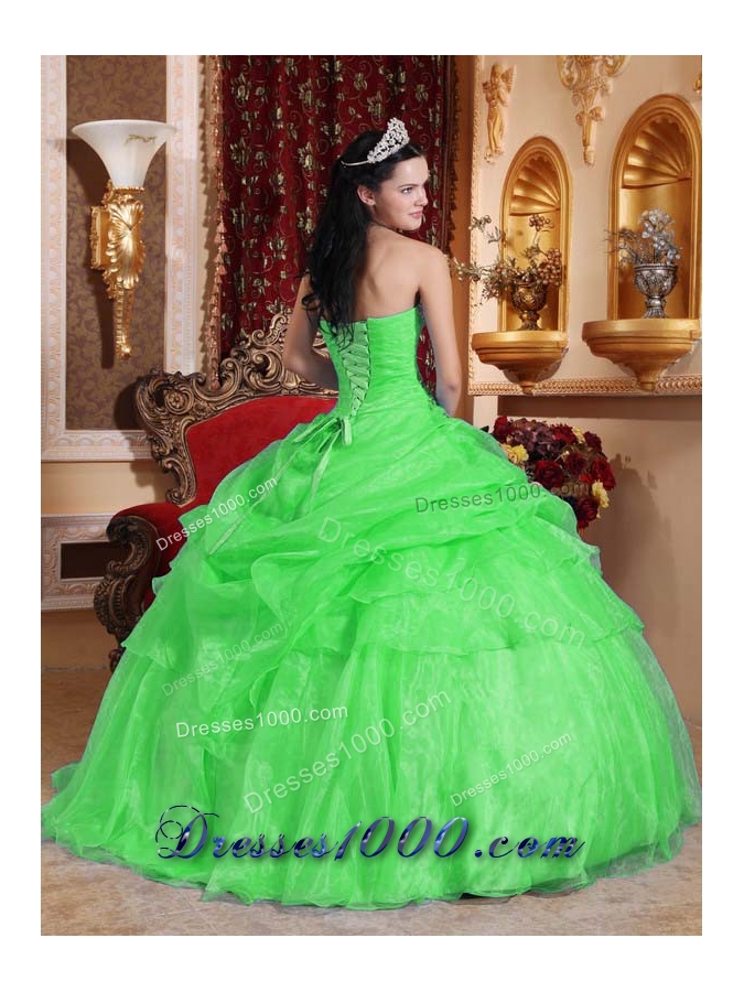 Classical Spring Green Puffy Strapless for 2014 Beading Quinceanera Dress with Appliques