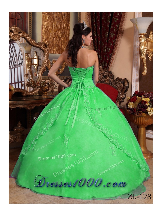 Cute Green Puffy Strapless with Lace Appliques Quinceanera Dress for 2014