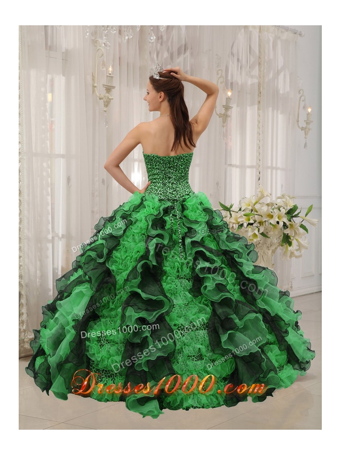 Cute Puffy Sweetheart with Ruffles and Beading for 2014 Green and Black Quinceanera Dress