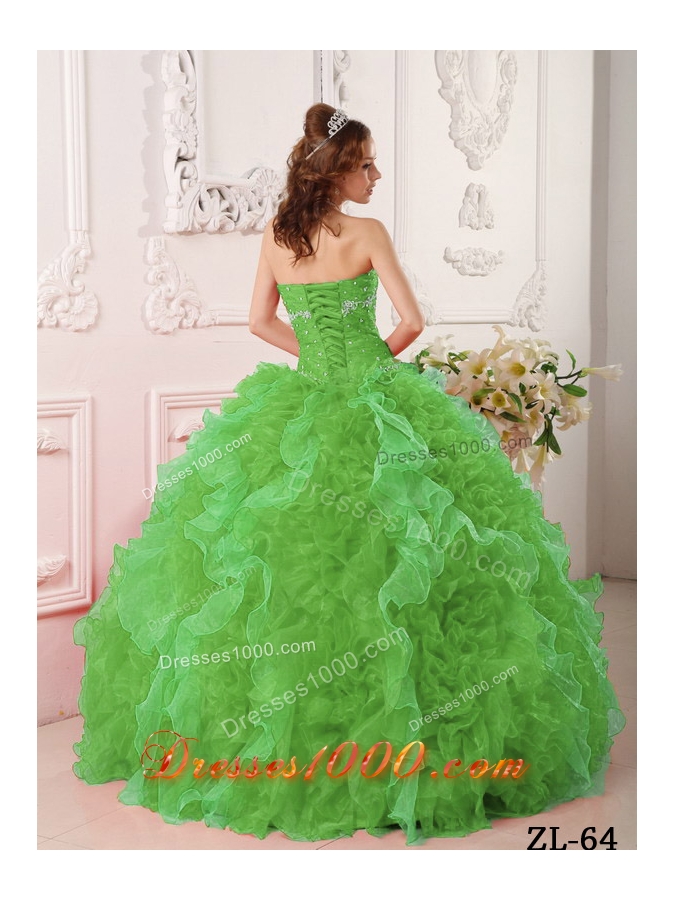 Elegant Green Puffy Sweetheart with Ruffles and Beading for 2014 Quinceanera Dress