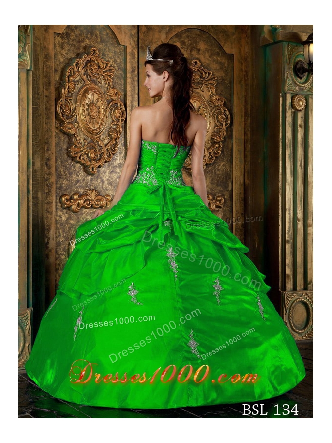 Fashionable Green Puffy Sweetheart for 2014 Appliques Quinceanera Dress with Pick-ups