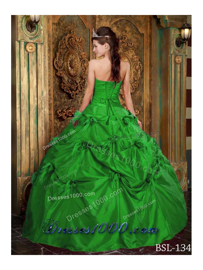 Gorgeous Green Puffy Strapless Hand Made Flowers Decorate for 2014 Quinceanera Dress