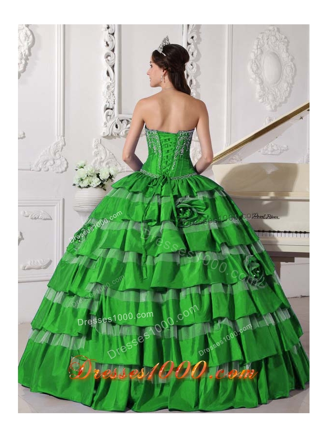 Green Puffy Sweetheart for 2014 New Style Quinceanera Dress with Flowers and Embroidery