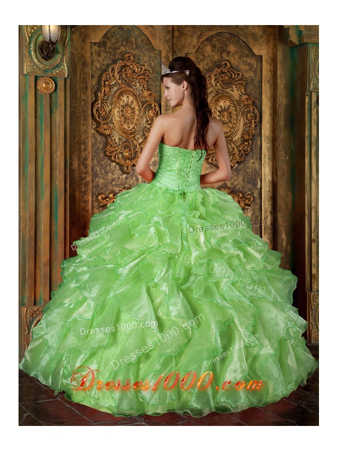 Inexpensive Puffy Strapless for 2014 with Beading and Ruffles for Green Quinceanera Dress