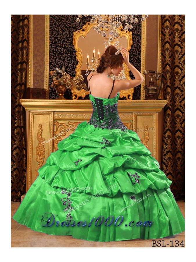 Lovely Green Puffy Straps Appliques for 2014 Quinceanera Dress with Pick-ups