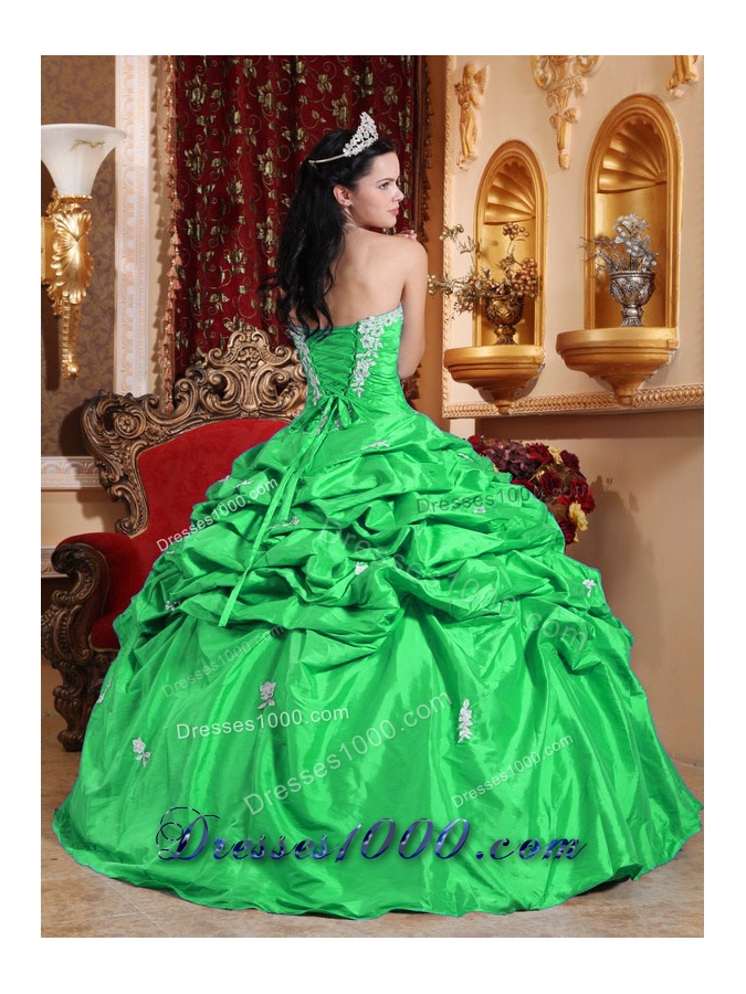 Luxurious Green Puffy Strapless for 2014 Quinceanera Dress with Pick-ups and Appliques