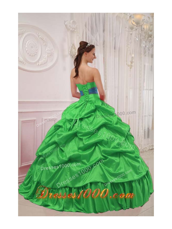 Perfect Puffy Strapless for 2014 Green Quinceanera Dress with Pick-ups and Beading