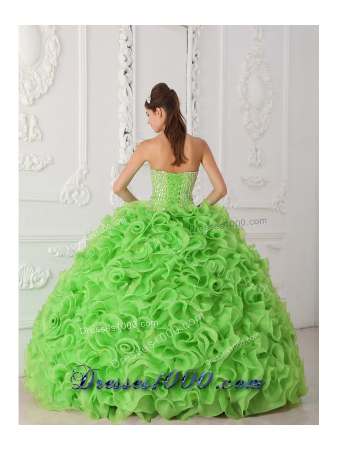 Popular Organza Spring Green Puffy Strapless Decorate for 2014 Quinceanera Dress with Beading