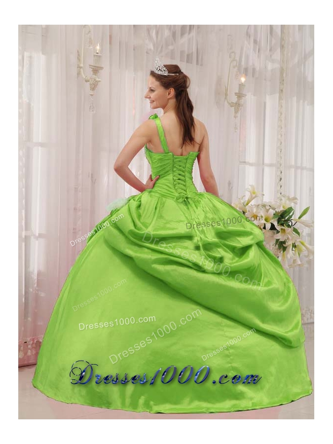 Pretty Puffy One Shoulder for 2014 Spring Green Quinceanera Dress with Pick-ups and Beading