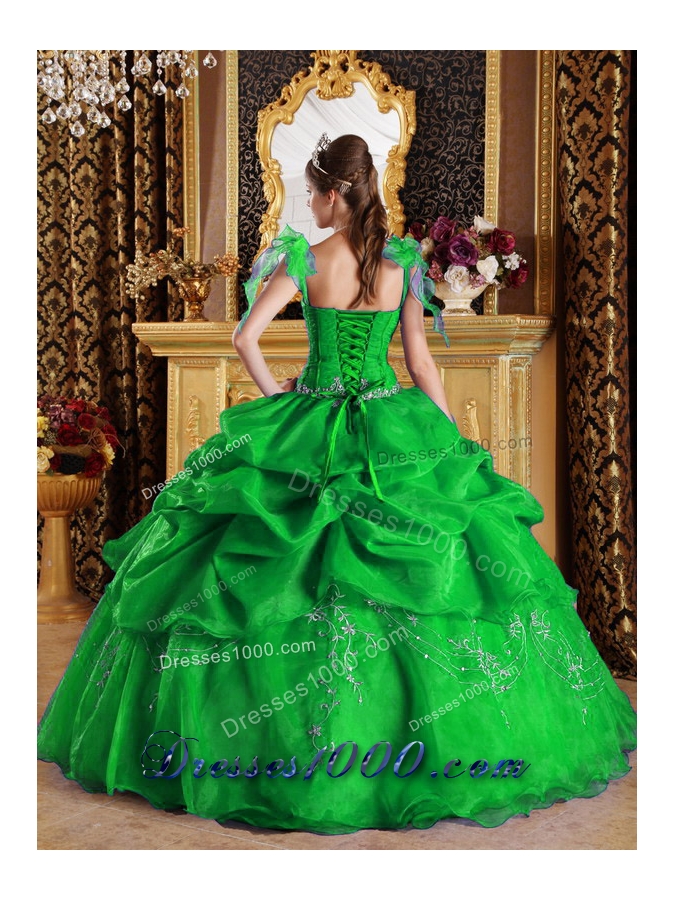 Puffy Spaghetti Straps with Hand Made Flowers and Pick-ups Decorate for 2014 Green Quinceanera Dress