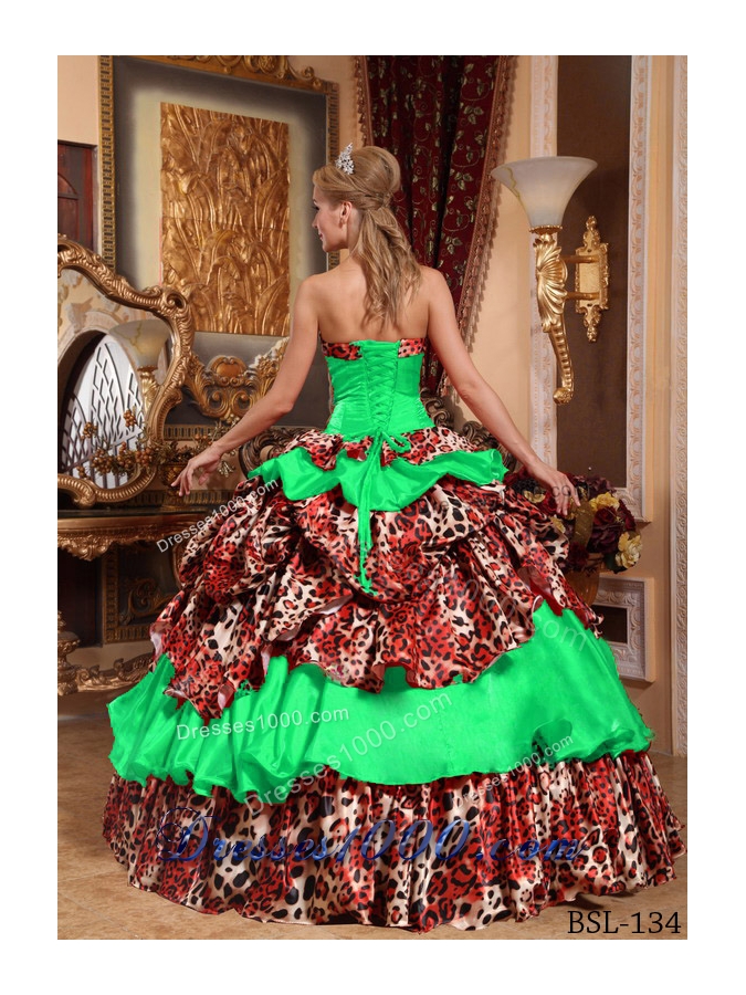 Puffy Strapless Leopard Pick-ups Decorate for 2014 Green Quinceanera Dress