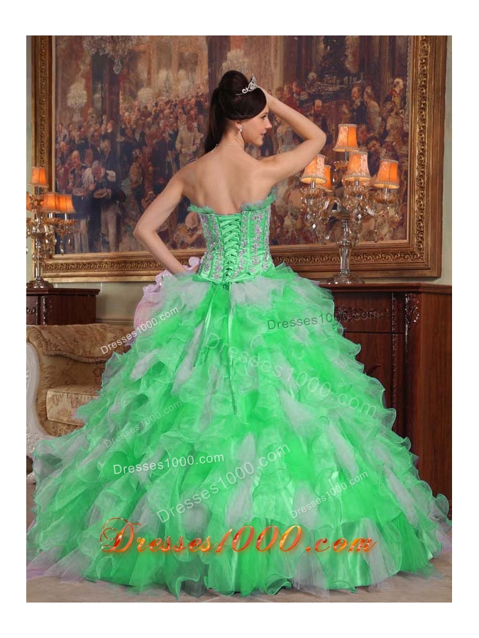 Puffy Strapless with Flowers and Appliques Decorate for 2014 Green Quinceanera Dress