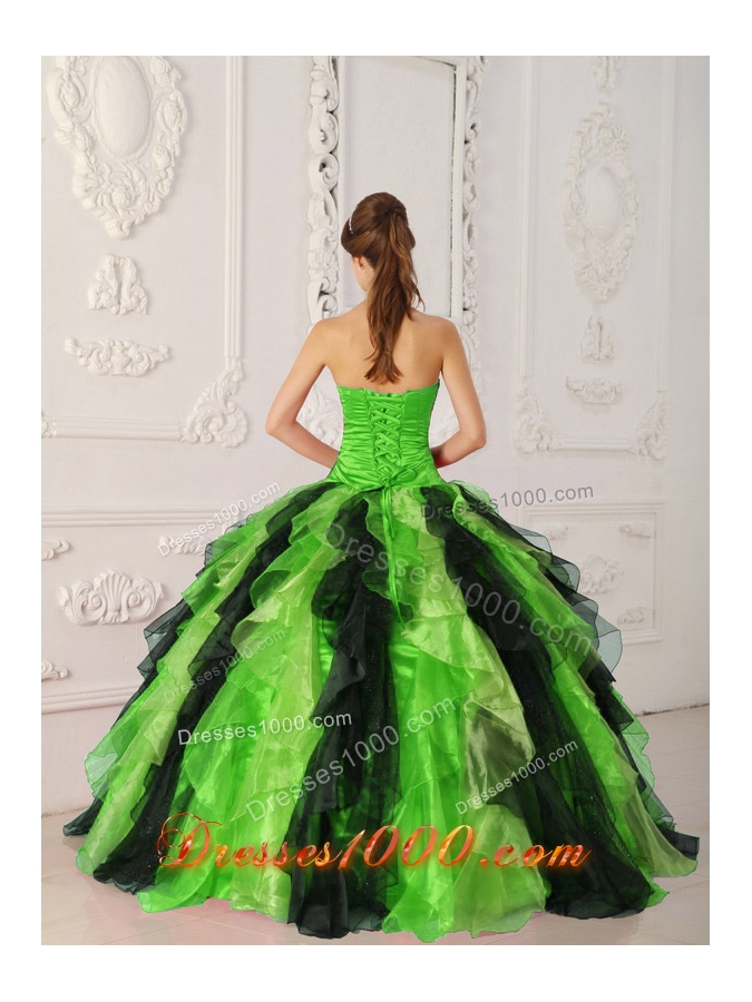 Sweet Puffy Strapless with Appliques and Ruffles for 2014 Green and Black Quinceanera Dress