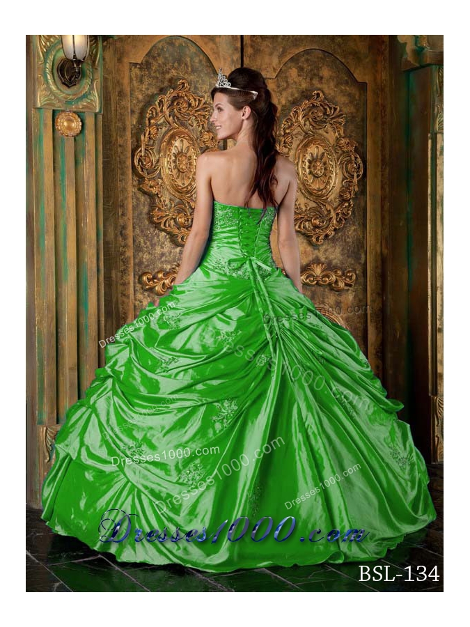 The Most Popular Green Puffy Strapless Appliques Decorate for 2014 Quinceanera Dress