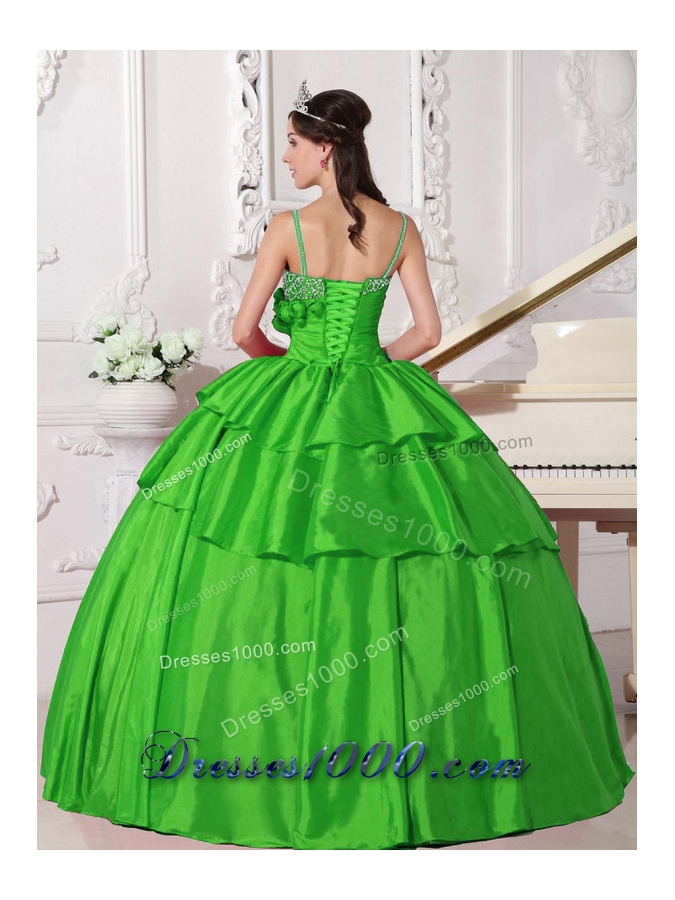 The Super Hot Spring Green Puffy Straps for 2014 Beading Quinceanera Dress