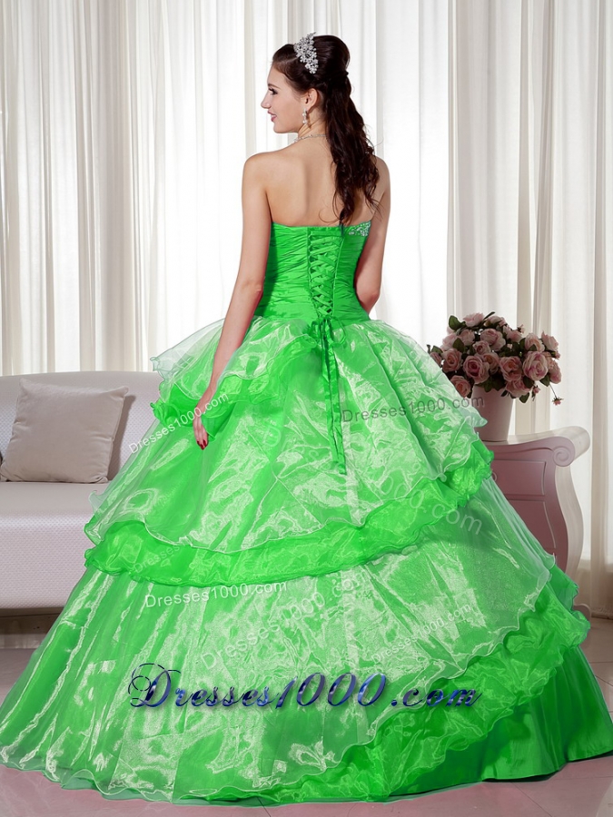 2014 Spring Green Puffy Sweetheart with Beading and Hand Made Flower Quinceanera Dress
