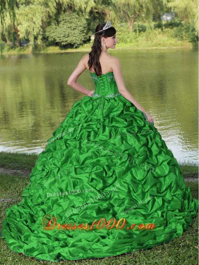 Cute Appliques and Pick-ups Brush Train Exquisite Style For 2014 Green Quinceanera Dress