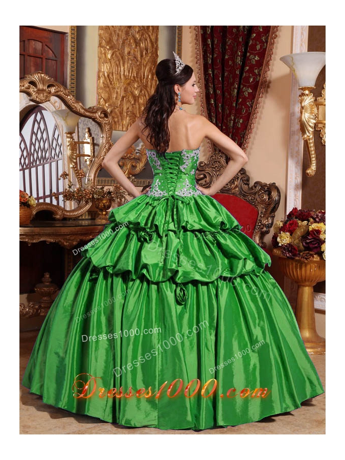 Exclusive Green Puffy Sweetheart with Pick-ups Appliques Quinceanera Dress for 2014