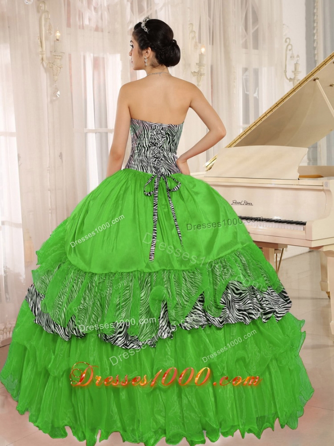 Wholesale Green Sweetheart 2014 Zebra Quinceanera Dress with Ruffles and Beading