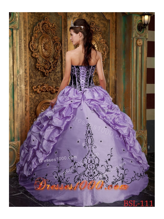 Cute Puffy Strapless 2014 Embroidery Lavender Quinceanera Dresses with Pick-ups