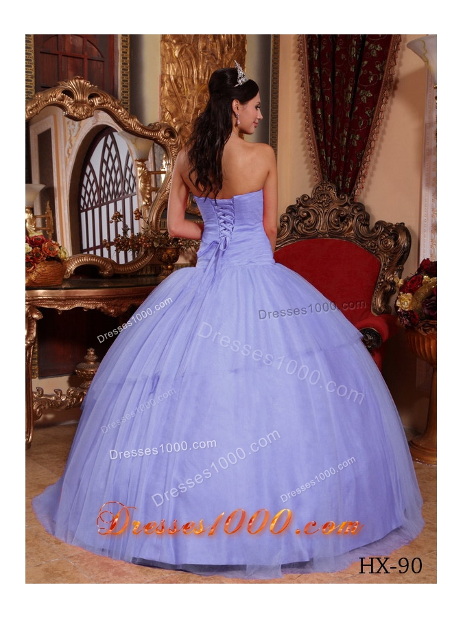 2014 Lavender Puffy Strapless Appliques Beading Quinceanera Dresses