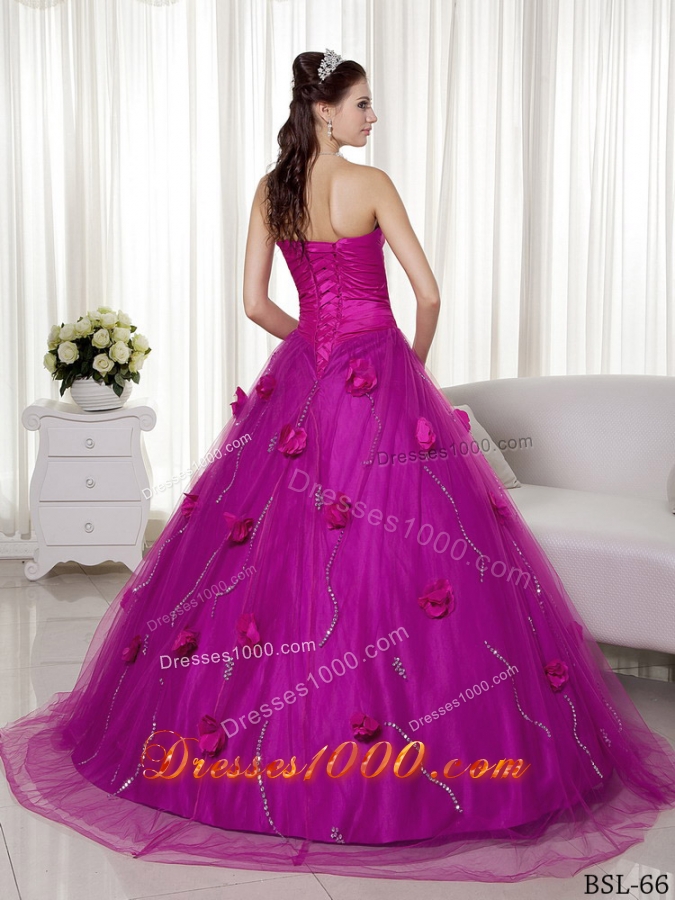 A-line Sweetheart Brush Train Tulle and Taffeta Hand Made Flowers Prom Dress
