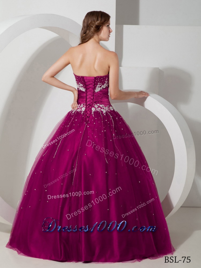 Ball Gown Strapless Floor-length Taffeta and Tulle Appliques and Beading Quinceanera Dress