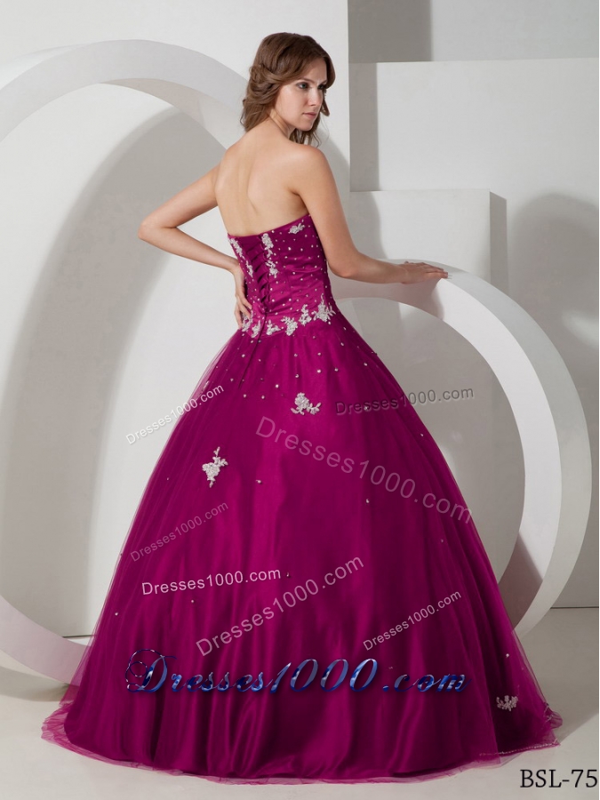 Ball Gown Strapless Floor-length Taffeta and Tulle Appliques and Beading Quinceanera Dress