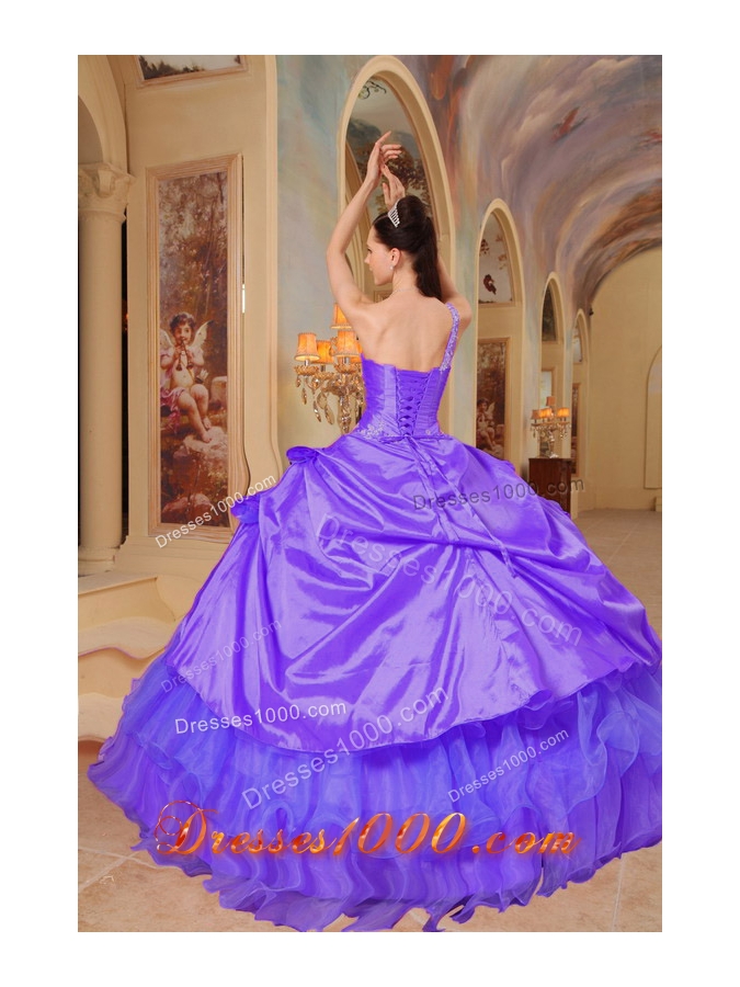 Elegant Purple Puffy One Shoulder Lace Quinceanera Dresses for 2014