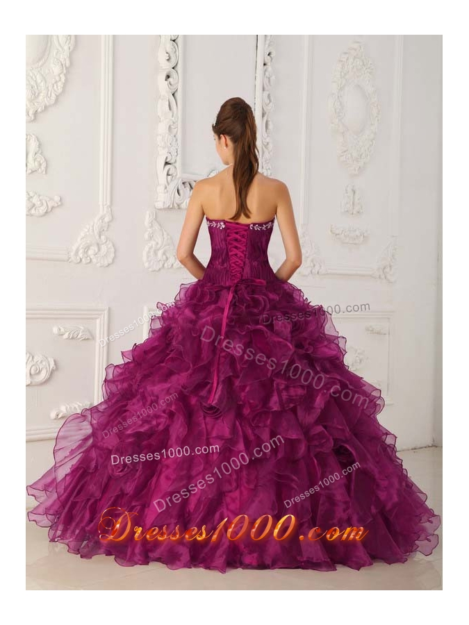 Fuchsia Strapless Organza Quinceanera Dress with White Embroidery