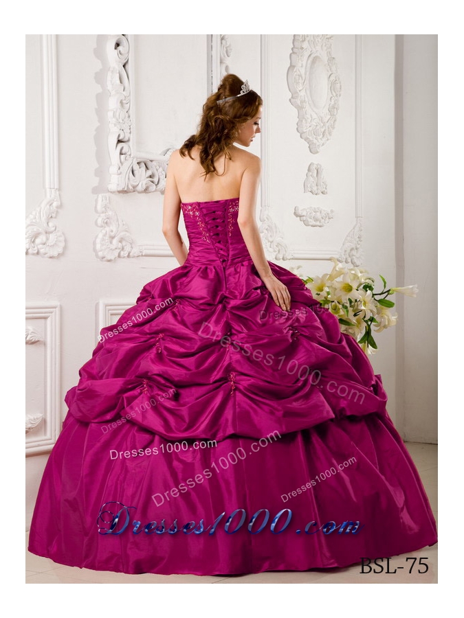 Hot Pink Ball Gown Sweetheart Floor-length Tafftea Appliques Quinceanera Dress