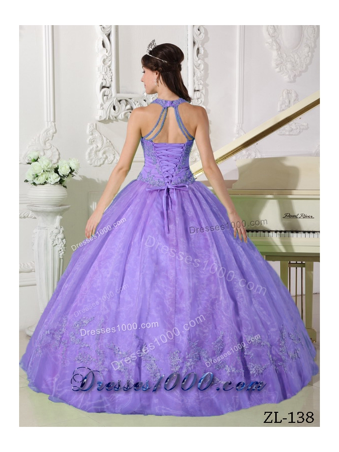 Modest Lavender Puffy Halter Appliques Quinceanera Dresses for 2014