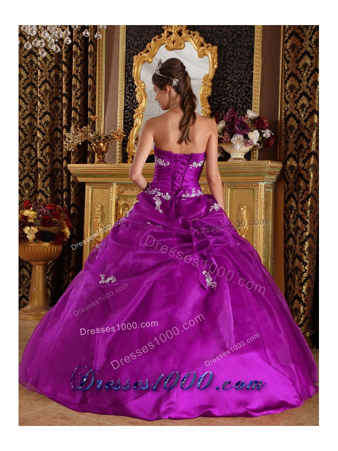 Strapless Fuchsia Organza and Satin Quince Dresses with White Appliques